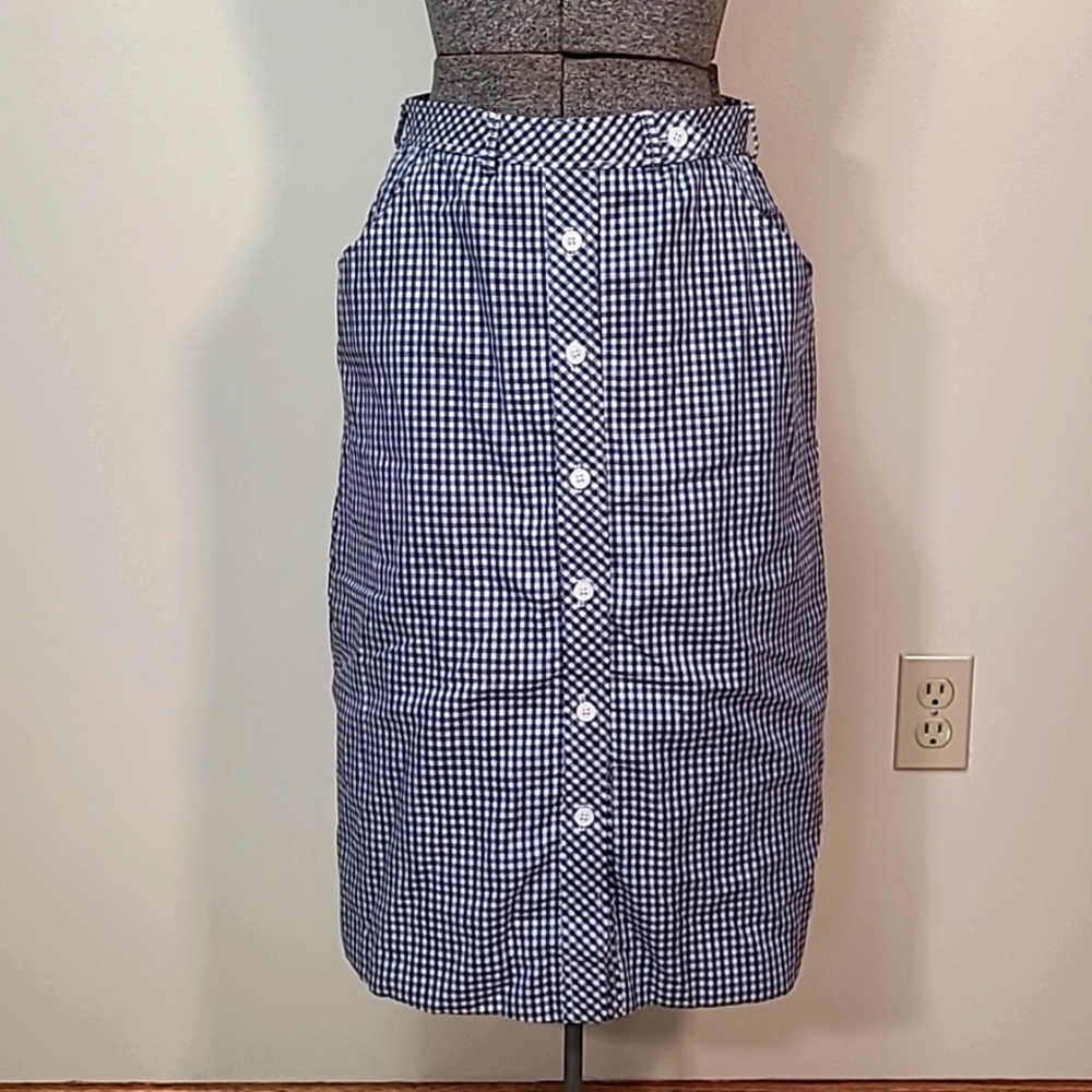 1970s Vintage Ah! Austin Hill Navy Blue Gingham Front Button Midi Skirt Size 8?